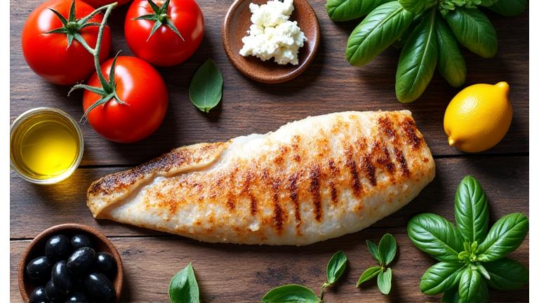Εικόνα με φρέσκα Μεσογειακά τρόφιμα όπως ελιές, ντομάτες, φέτα, ψάρι και λαχανικά σε rustic ξύλινο τραπέζι.